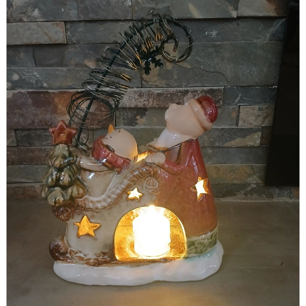 Christmas Holiday Jingle Ceramic Santa & Snowman on Sled Tea Light Candle Holder - Picture 3 of 8